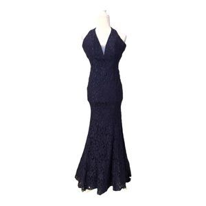 NWT Intrigue by blush Navy Sequin Lace Mermaid Gown Halter Neck Prom Dress Sz 2